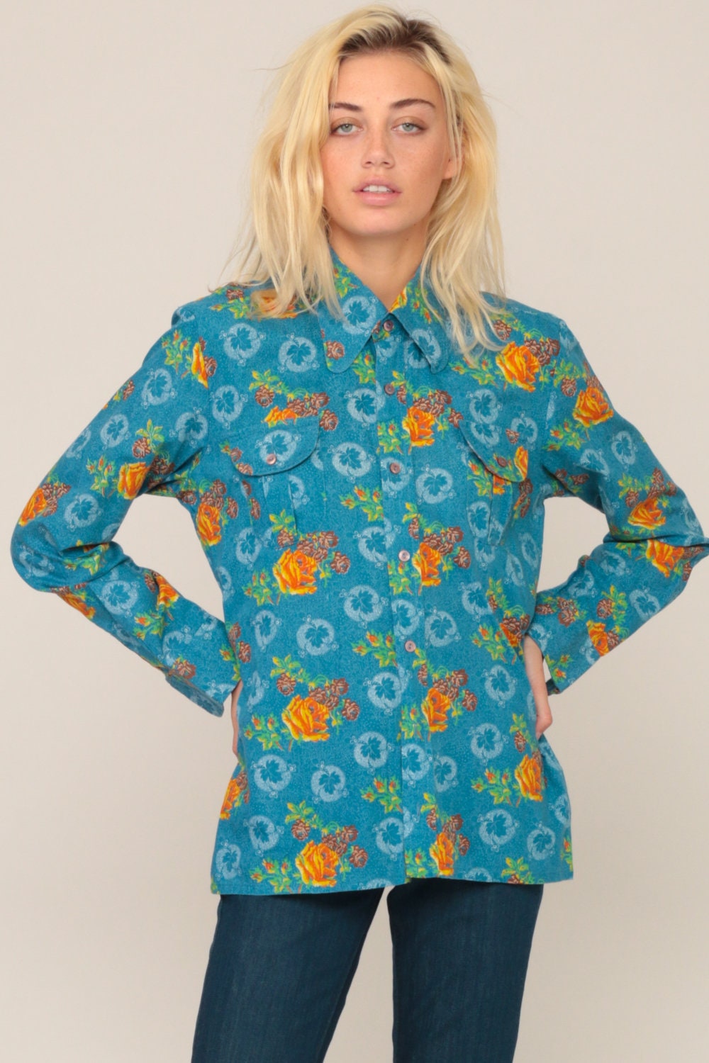 70s Blue Floral Button-Up Blouse Long Sleeve Pointed Collar Medium