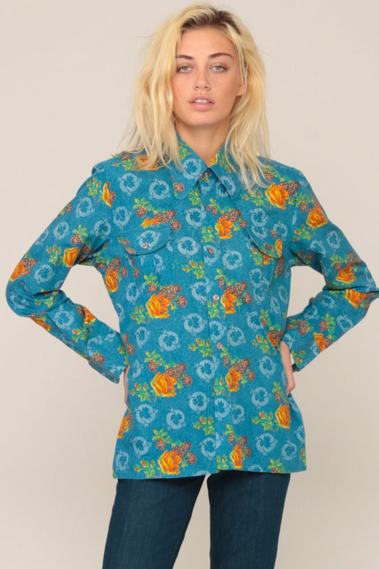 70s Blue Floral Button-Up Blouse Long Sleeve Pointed Collar Medium