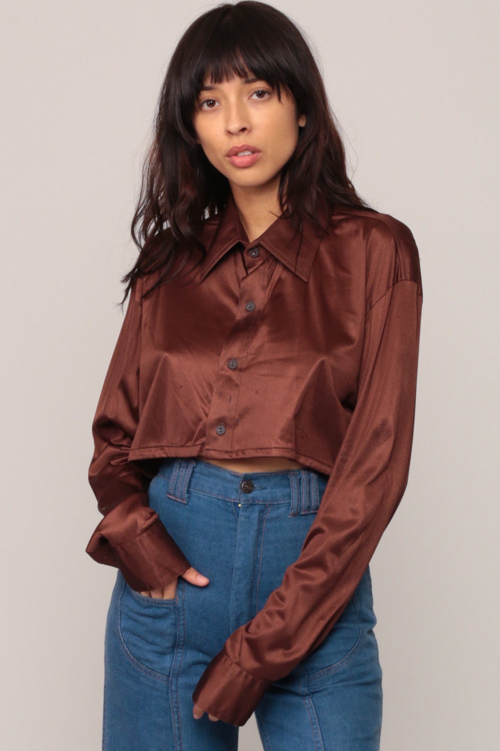 70s Brown Silky Crop Top Long Sleeve Button Up Shirt Large