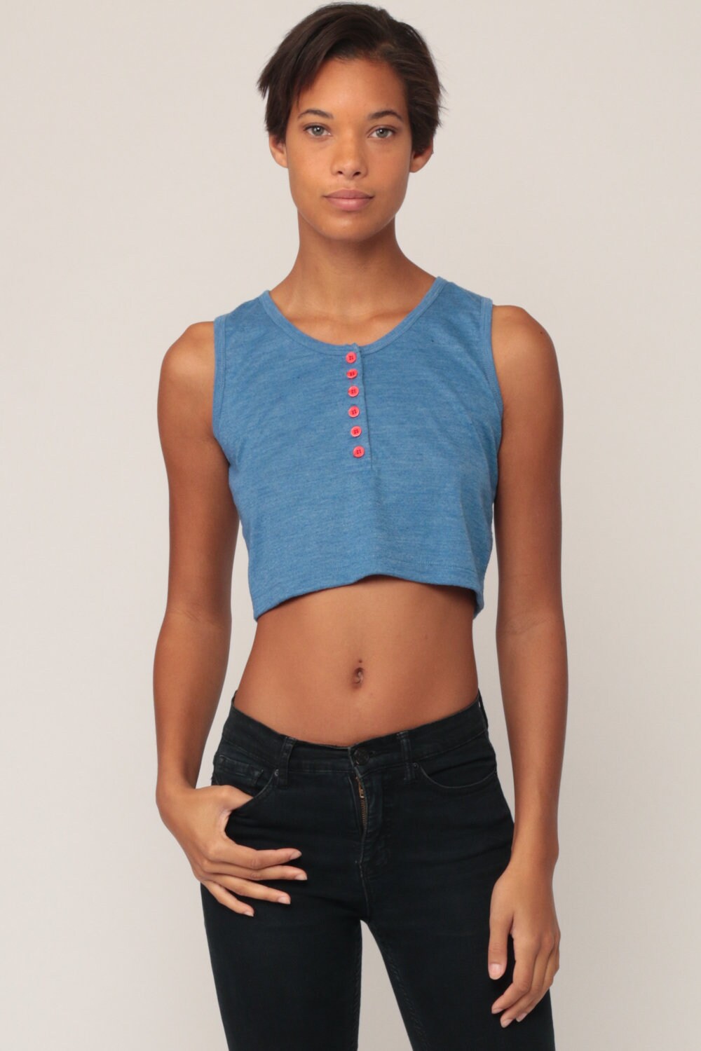 80s Blue Sleeveless Crop Top Button Tank Extra Small XS