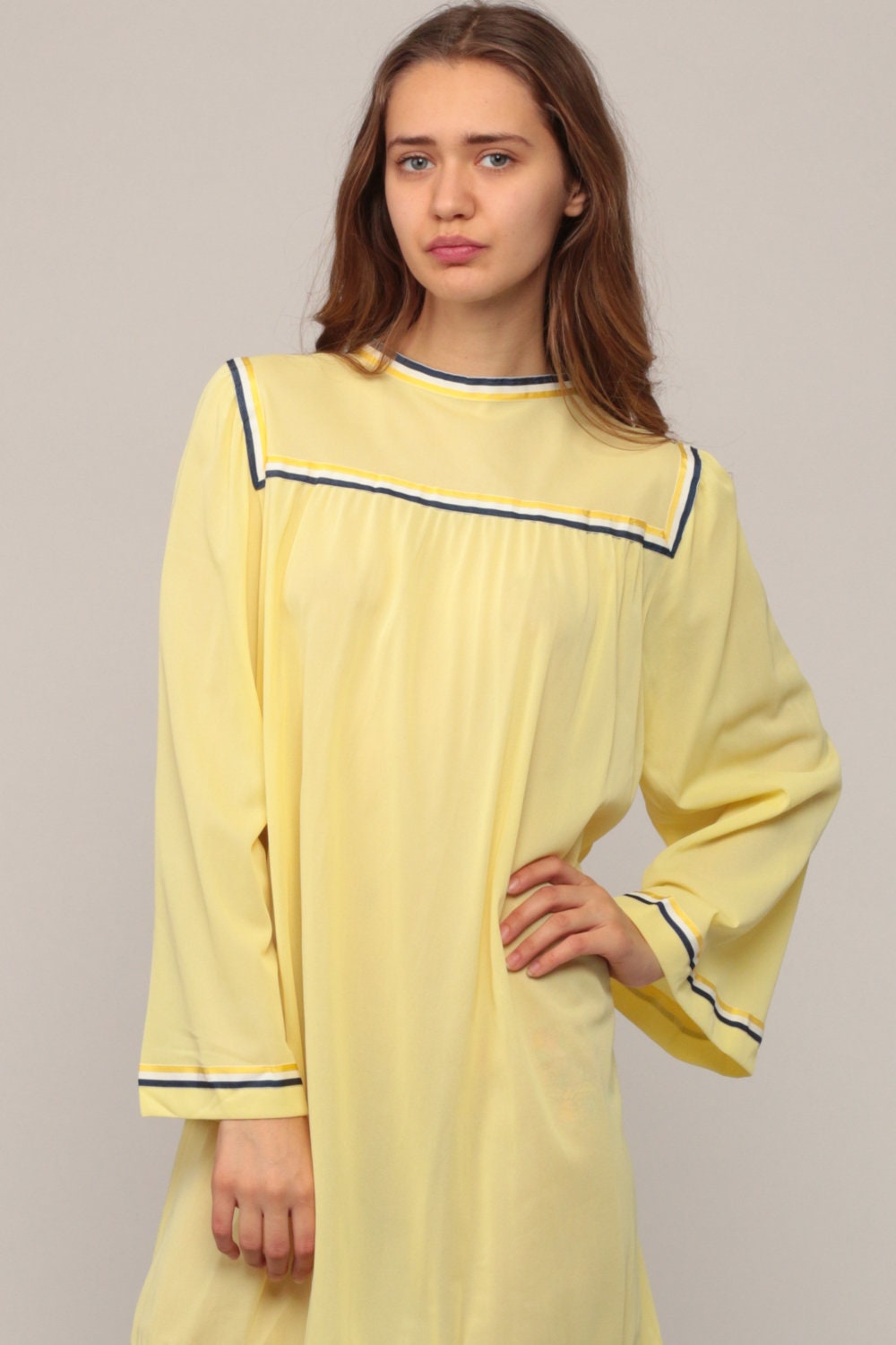 70s Yellow Nightgown Bell Sleeve Tent Cut Nylon Slip Dress Large