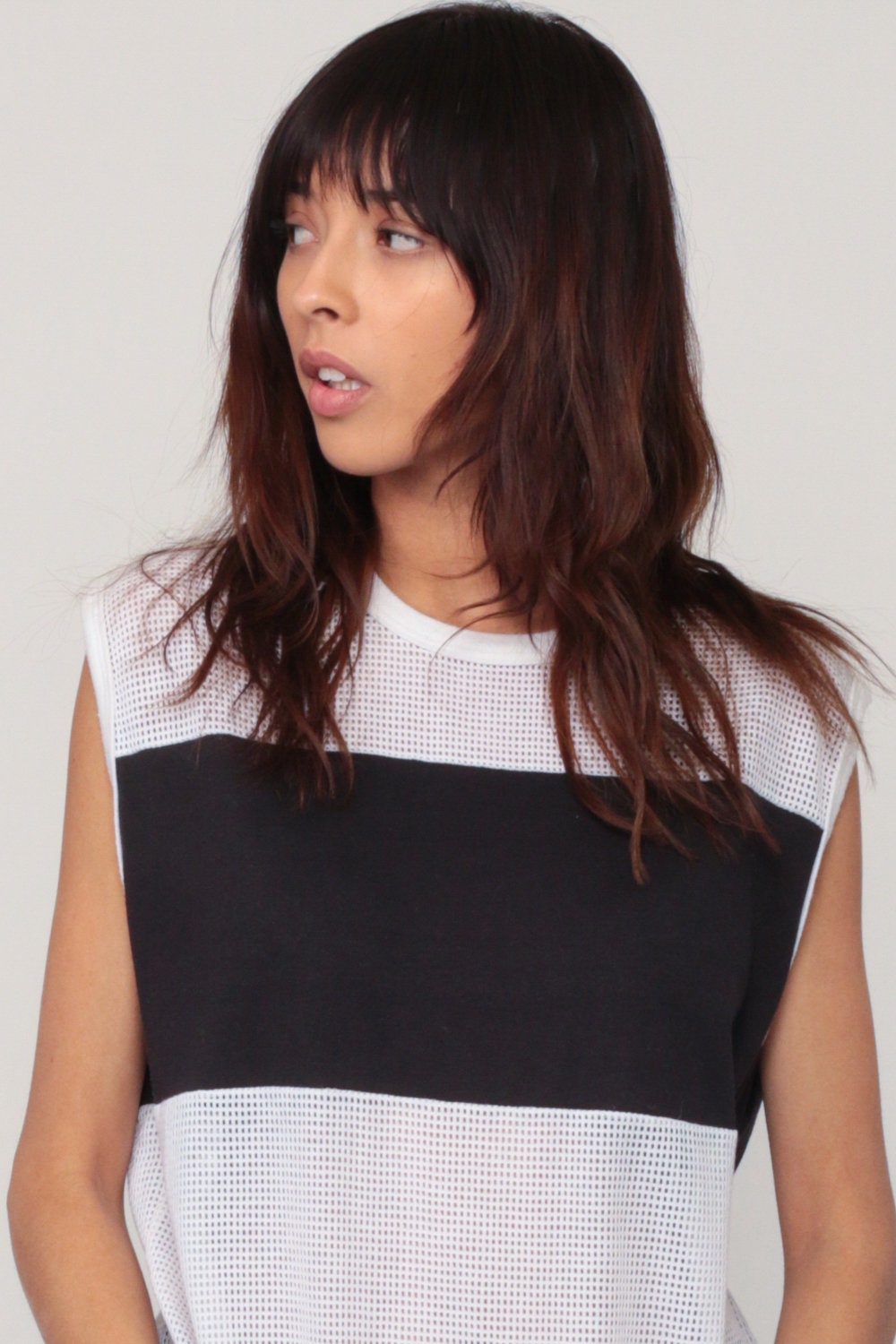 80s Mesh Tank Top Sheer Striped Black White Sleeveless Extra Large