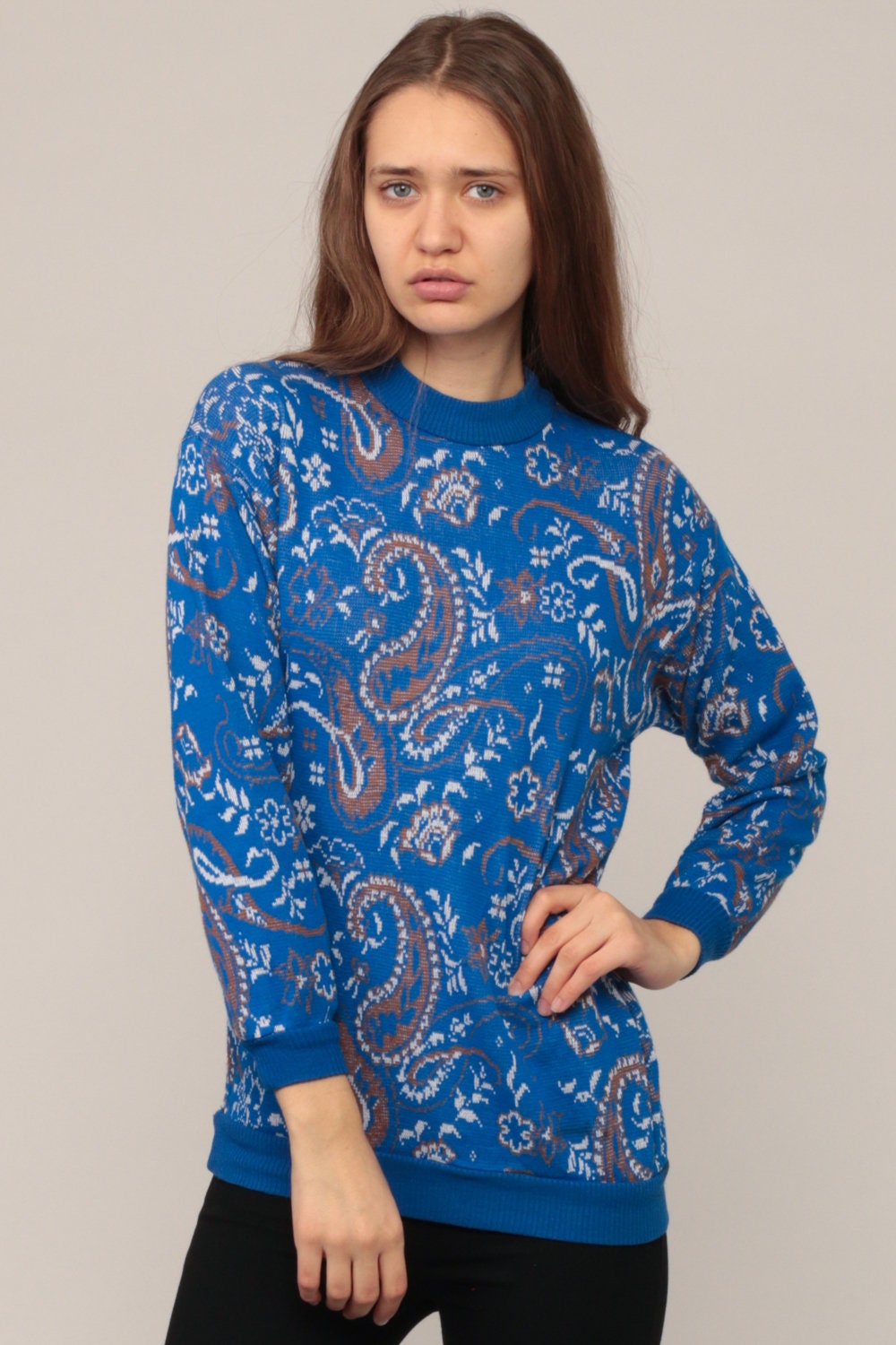 70s Paisley Print Pullover Sweater Blue Small