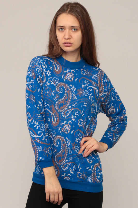 70s Paisley Print Pullover Sweater Blue Small