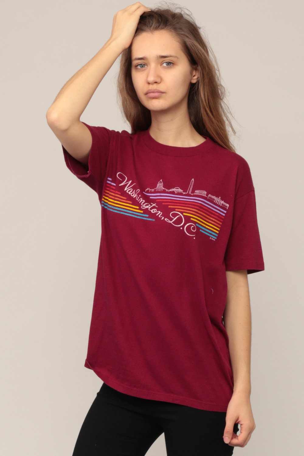 80s Washington DC Skyline Graphic T-Shirt Burgundy Rainbow Stripe Large