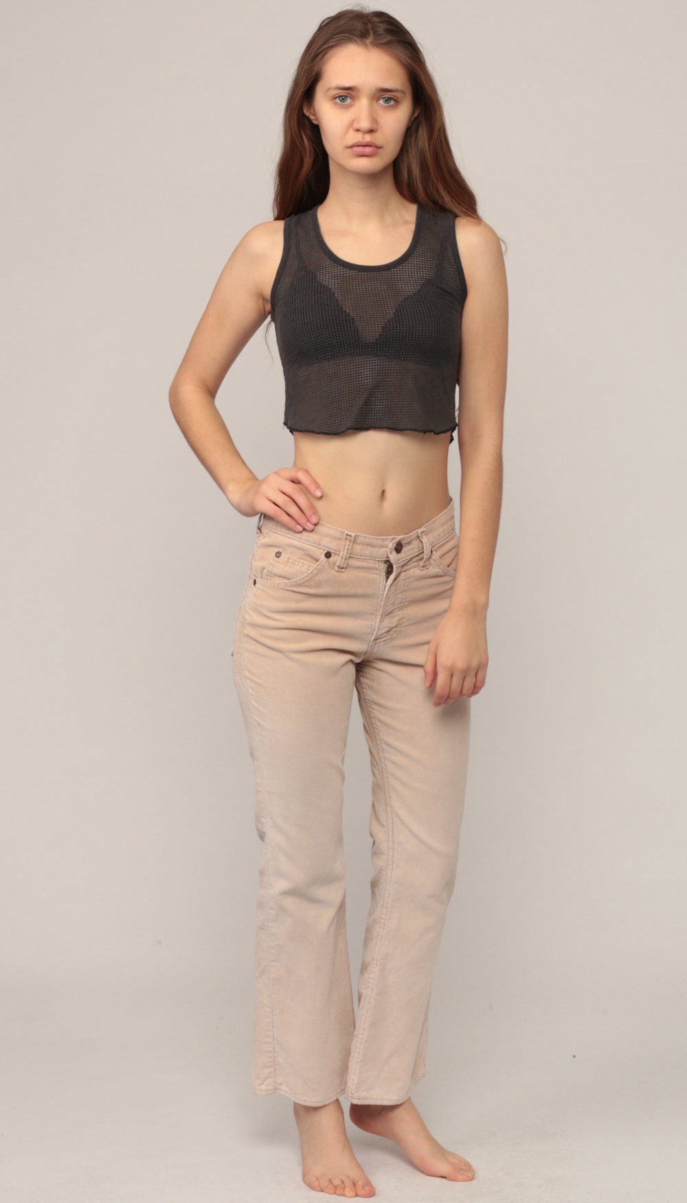 70s Plain Pockets Corduroy Bell Bottom Trousers Tan High Waist Small