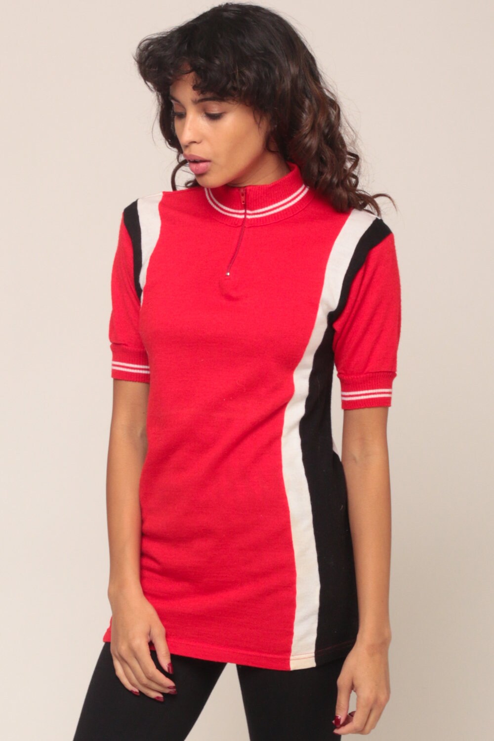 80s Wool Cycling Jersey Red Striped Zip Neck Bike Shirt Extra Small
