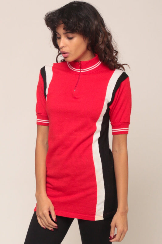 80s Wool Cycling Jersey Red Striped Zip Neck Bike Shirt Extra Small