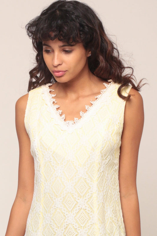 70s Yellow White Lace Cutout Shift Dress Sleeveless Micro Mini Small