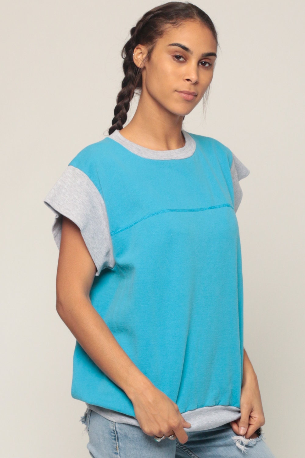 80s Turquoise Ringer Sweatshirt Short Sleeve Slouchy Crewneck Extra Large XXL
