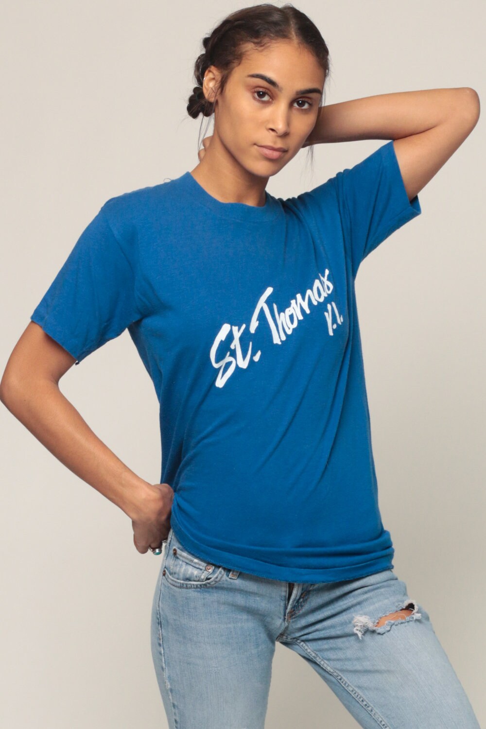 80s St. Thomas Virgin Islands Graphic T-Shirt Blue Paper Thin Medium
