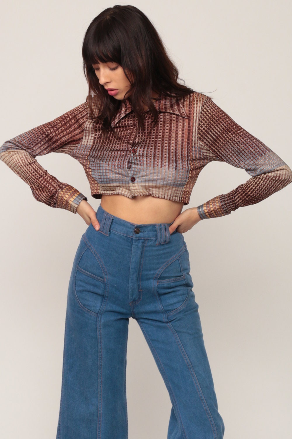 70s Checkered Button-Up Blouse Blue Brown Crop Top Small