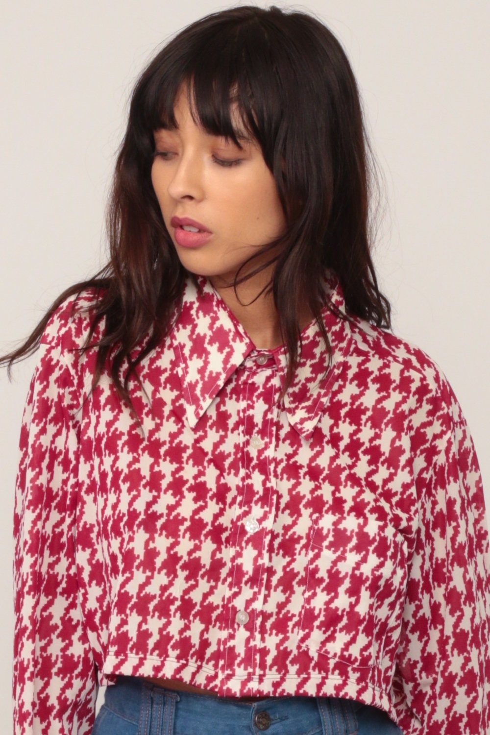 70s Houndstooth Crop Top Red Plaid Button-Up Long Sleeve Blouse Large