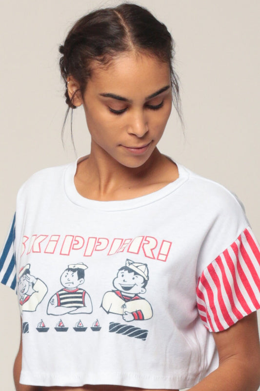 90s Sailor Graphic Crop Top Red White Blue Striped T-Shirt Medium Large