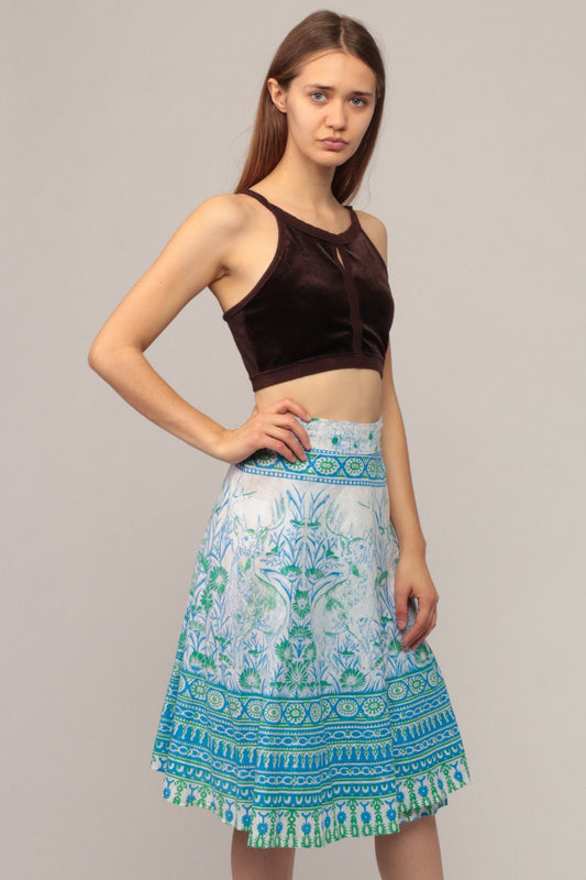 70s Deer Print Wrap Skirt Midi Cotton High Waist Blue Small-Large