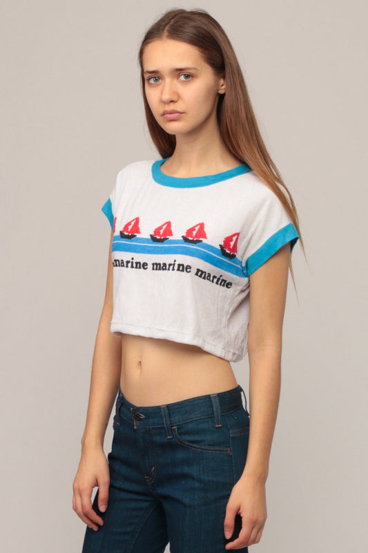80s Sailboat Graphic Ringer Crop Top Terry Cloth Tee Small Medium