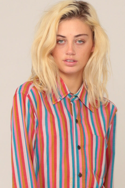 70s Striped Long Sleeve Button Up Blouse Rainbow Print Medium Large