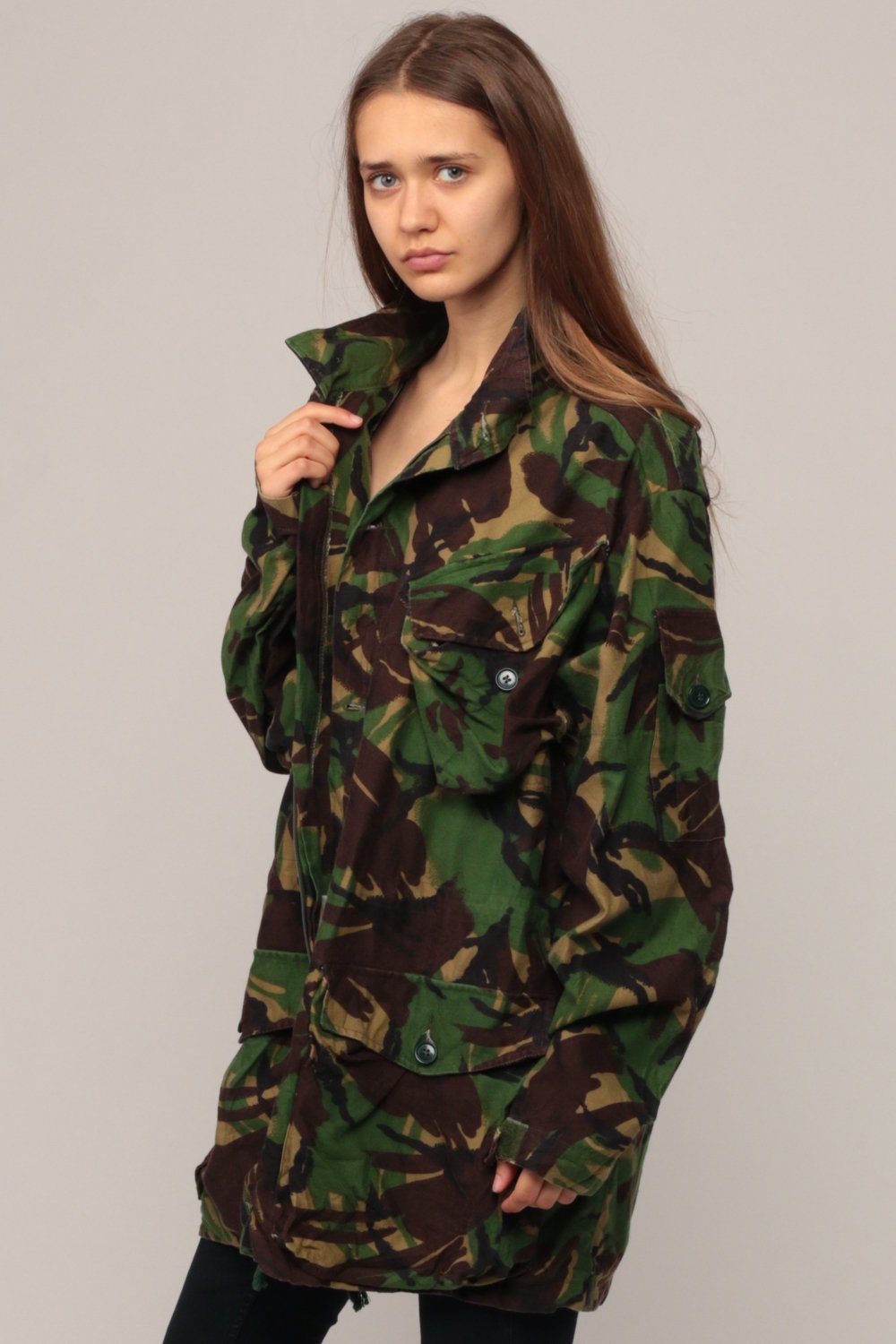 1980s Military Camo Utility Jacket Olive Drab Field Jacket Extra Large XL