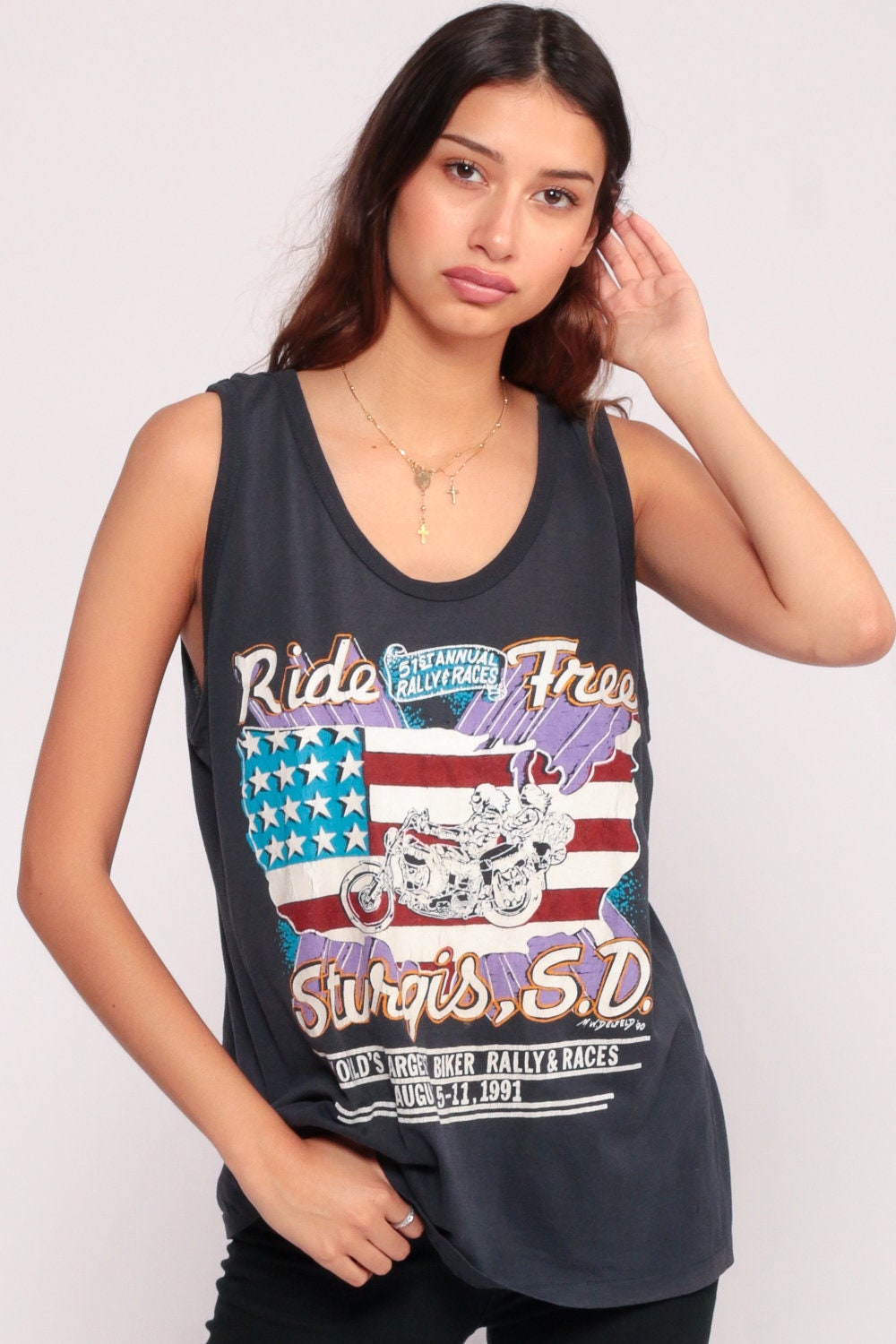1991 Sturgis Biker Tank Top Ride Free Motorcycle Rally Grey Unisex Extra Large