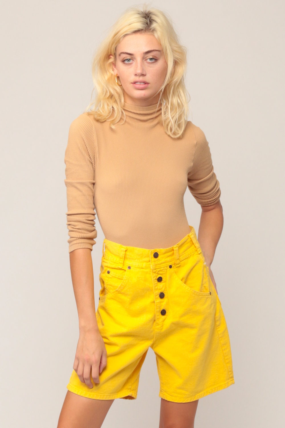 90s Yellow Denim Shorts High Waisted Button Fly Extra Small