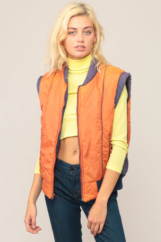70s Orange Puffer Ski Vest Sleeveless Jacket Medium