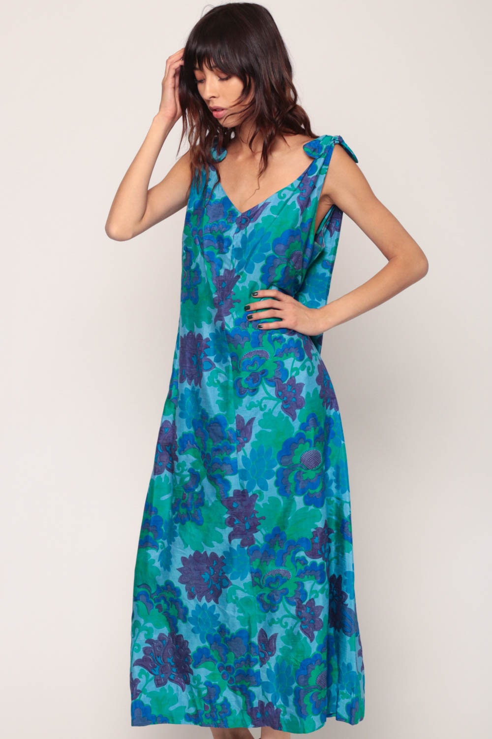 1970s Floral Maxi Dress Blue Green V-Neck Sleeveless Tie Shoulder Extra Large