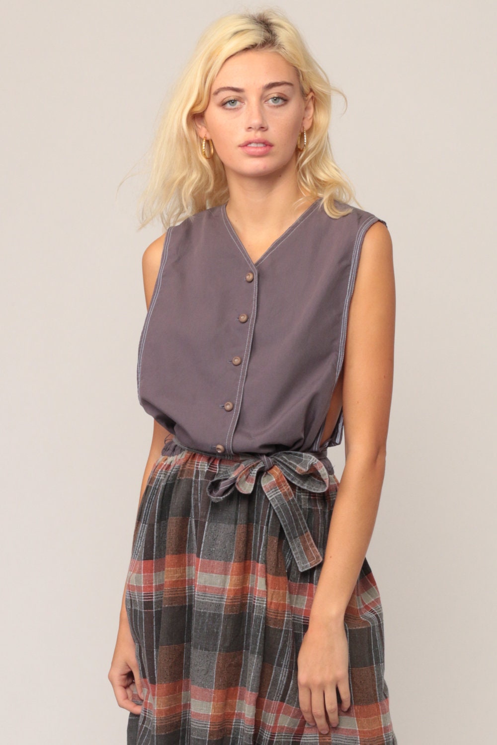 70s Grey Plaid Mini Dress High Waist Button Front Low Armhole Extra Large