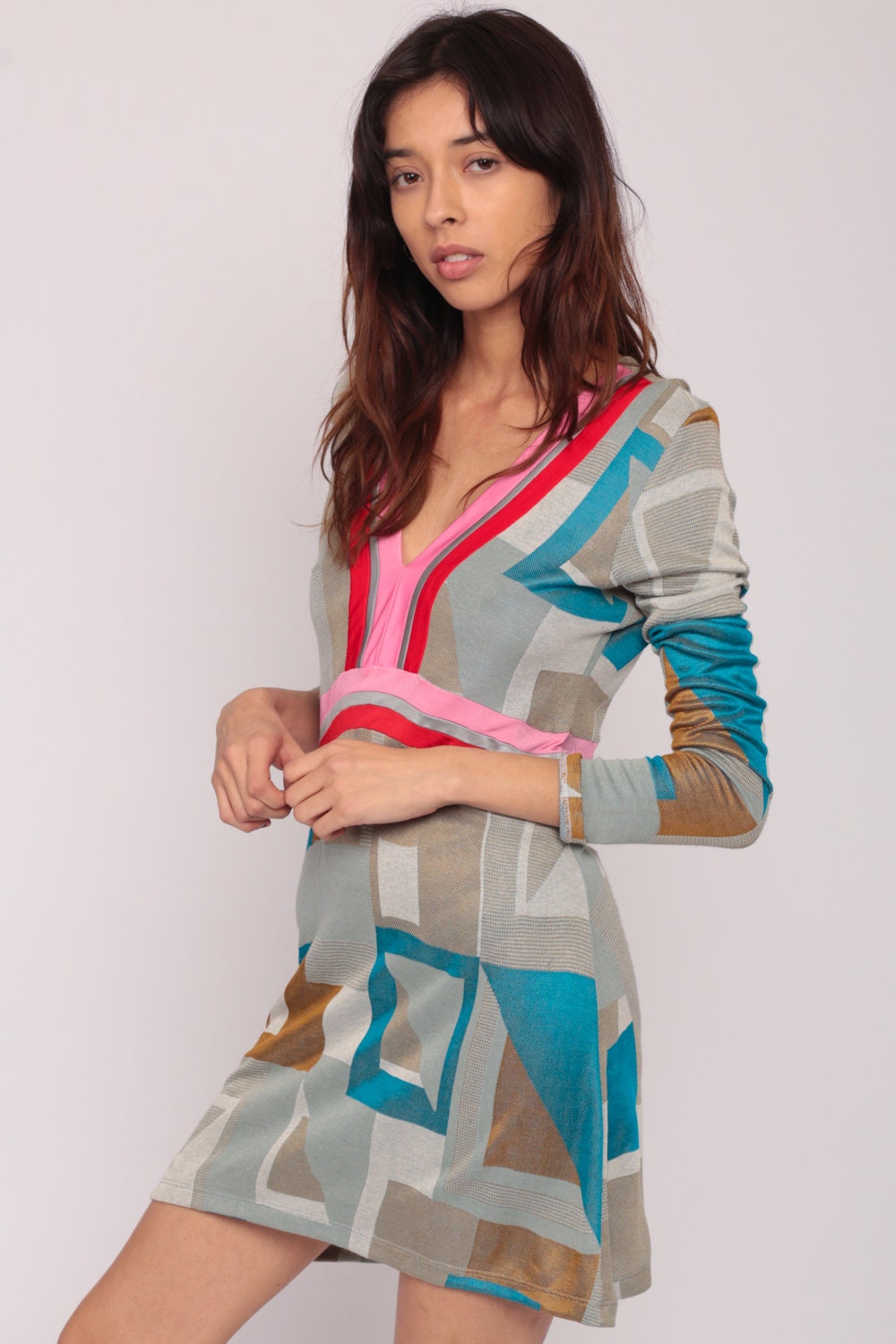 90s Geometric Colour Block Empire Waist Mini Dress Long Sleeve Deep V Grey Small