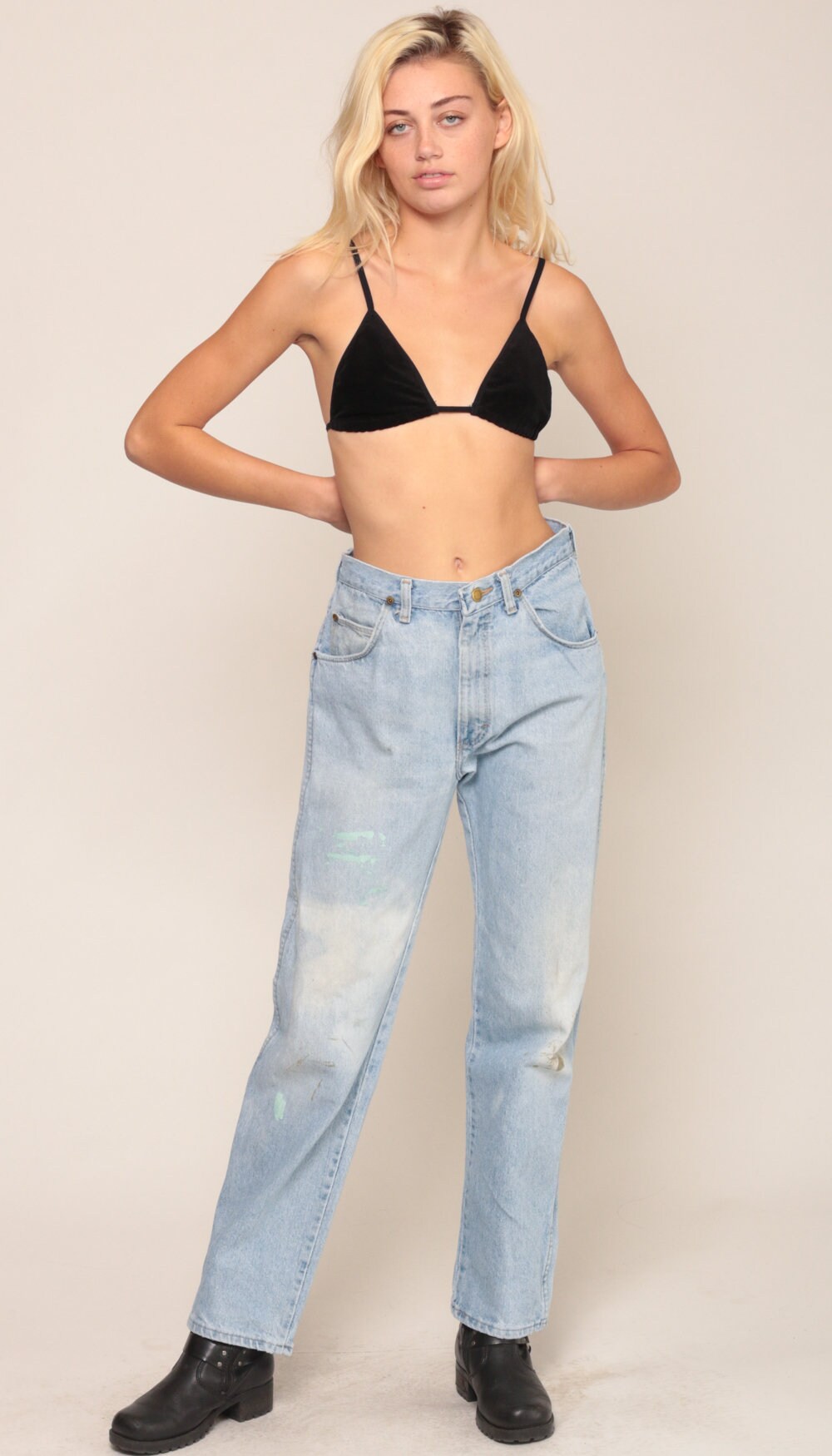 Wrangler 80s Mom Jeans High Waisted Tapered Distressed Blue Denim Large 33