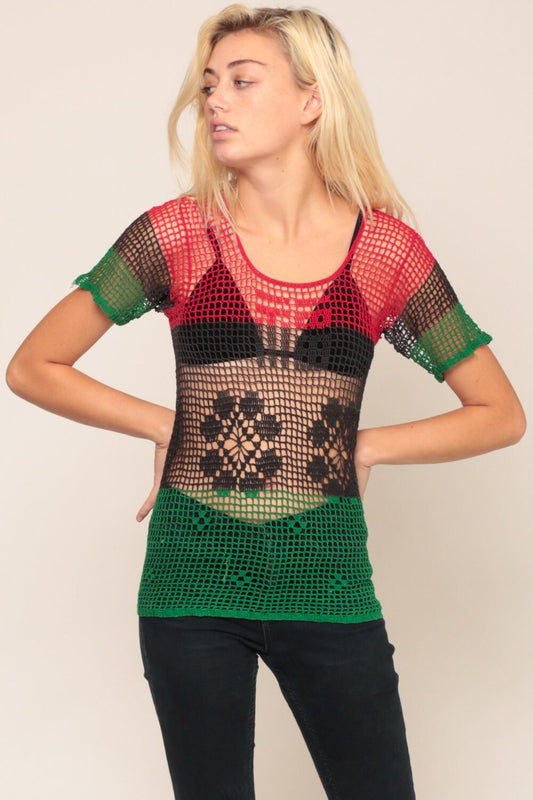 90s Crochet Mesh Floral Sheer Blouse Short Sleeve Red Black Green Extra Small