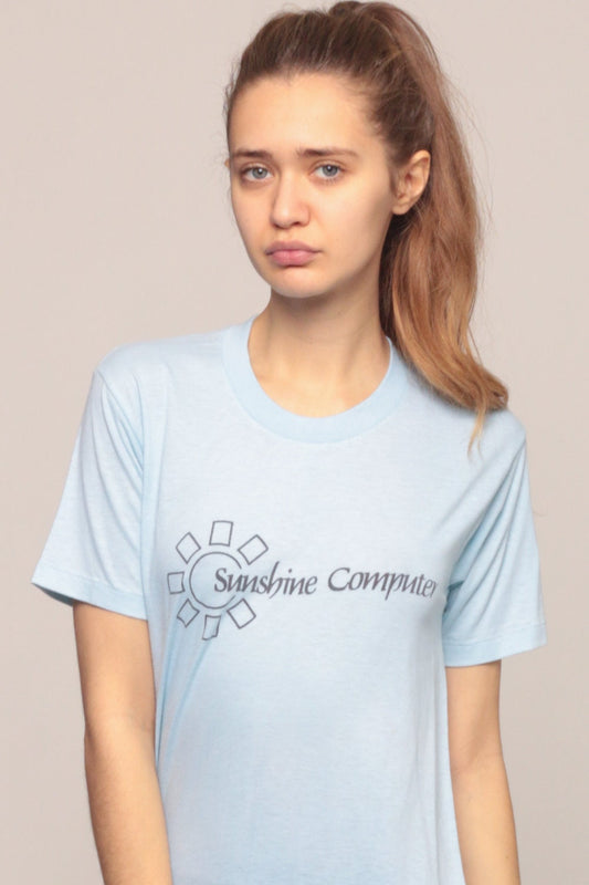 80s Sunshine Computer Graphic T-Shirt Baby Blue Burnout Tee Extra Small