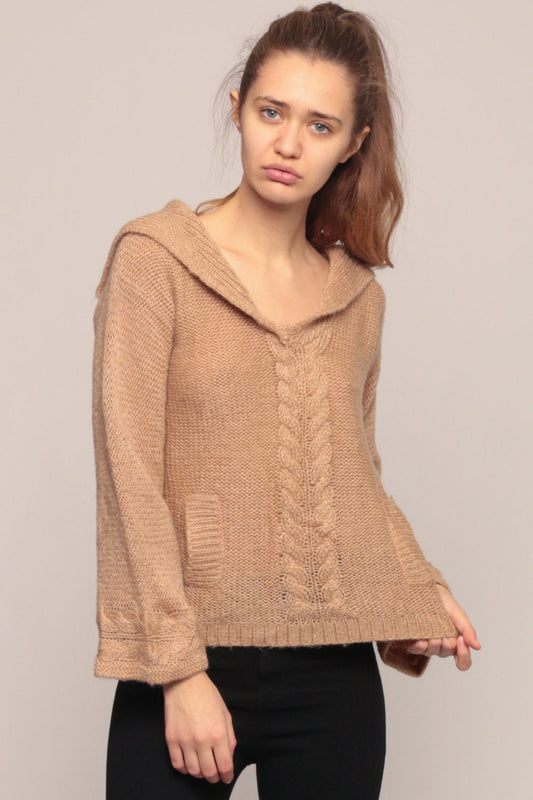 70s Tan Cable Knit Sweater Sailor Collar Semi-Sheer Pullover Medium