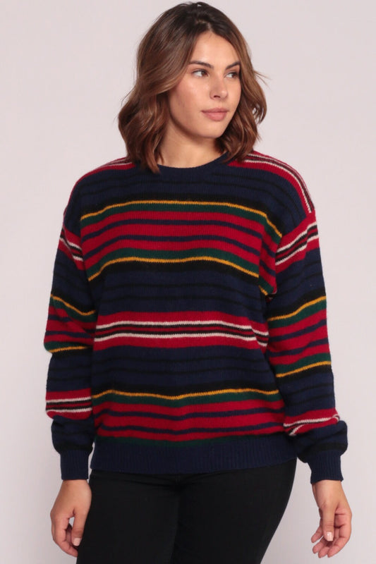 80s Wool Striped Sweater Blue Red Pullover Knit Large