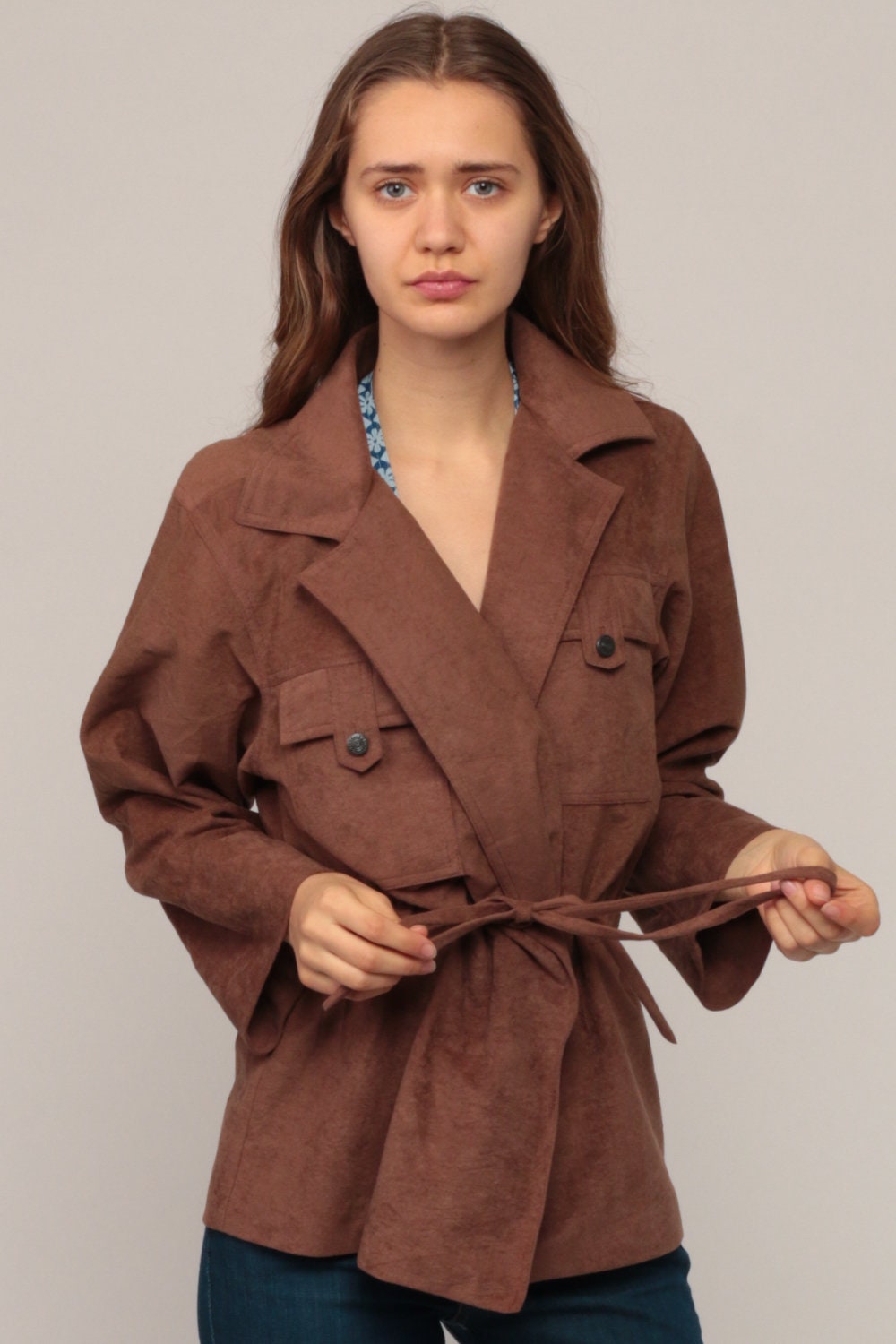 70s Brown Fuzzy Polyester Wrap Jacket Belted Crewneck Large