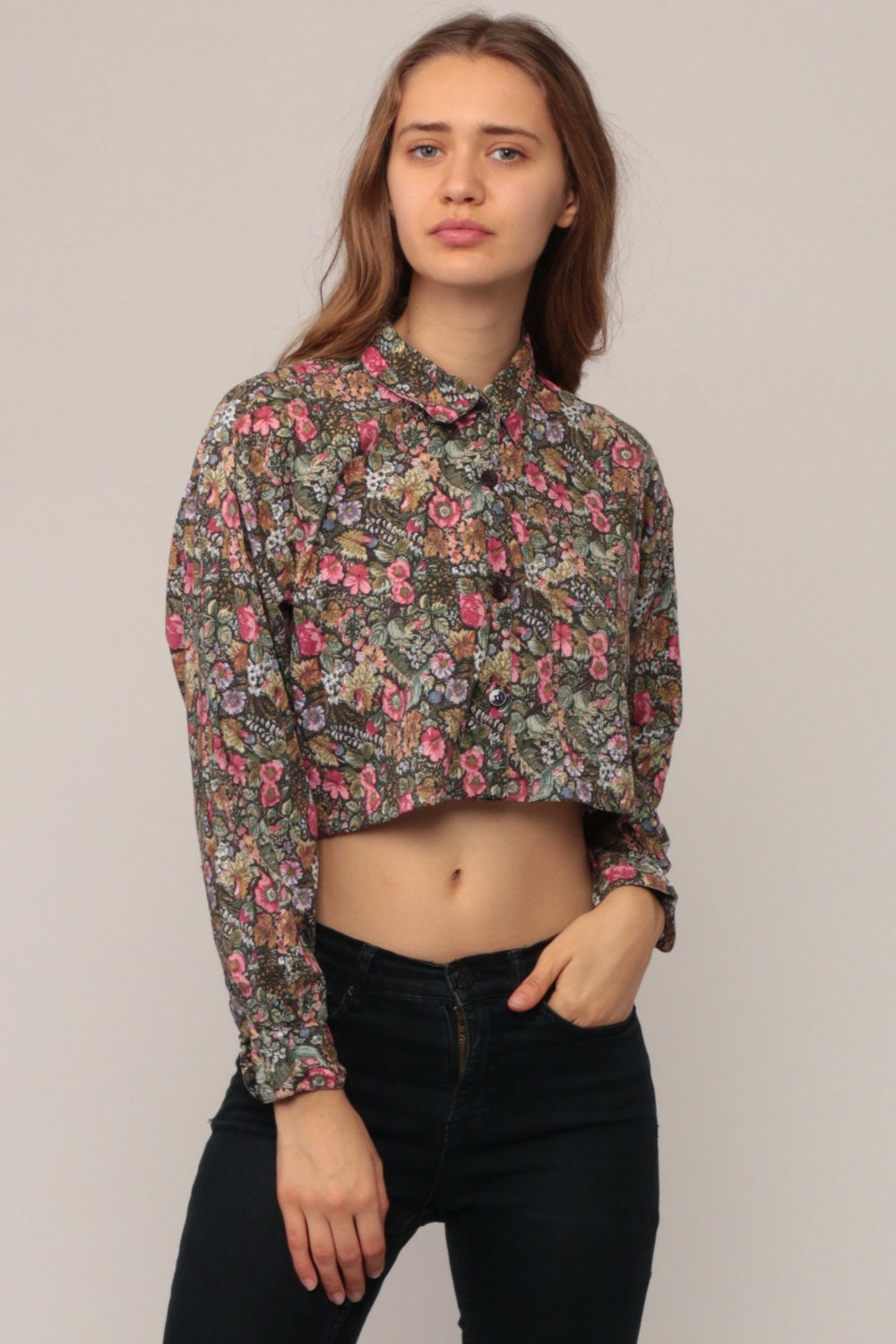 90s Floral Button-Up Crop Top Long Sleeve Blouse Black Pink Medium