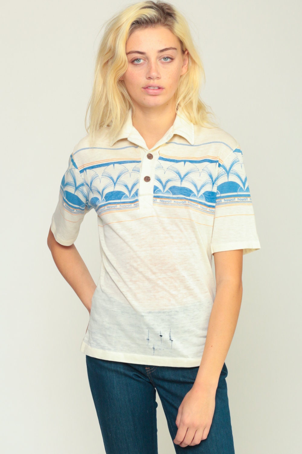 70s Striped Hawaii Polo Shirt Burnout Distressed Pointed Collar Small