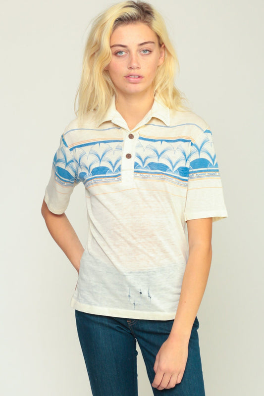70s Striped Hawaii Polo Shirt Burnout Distressed Pointed Collar Small