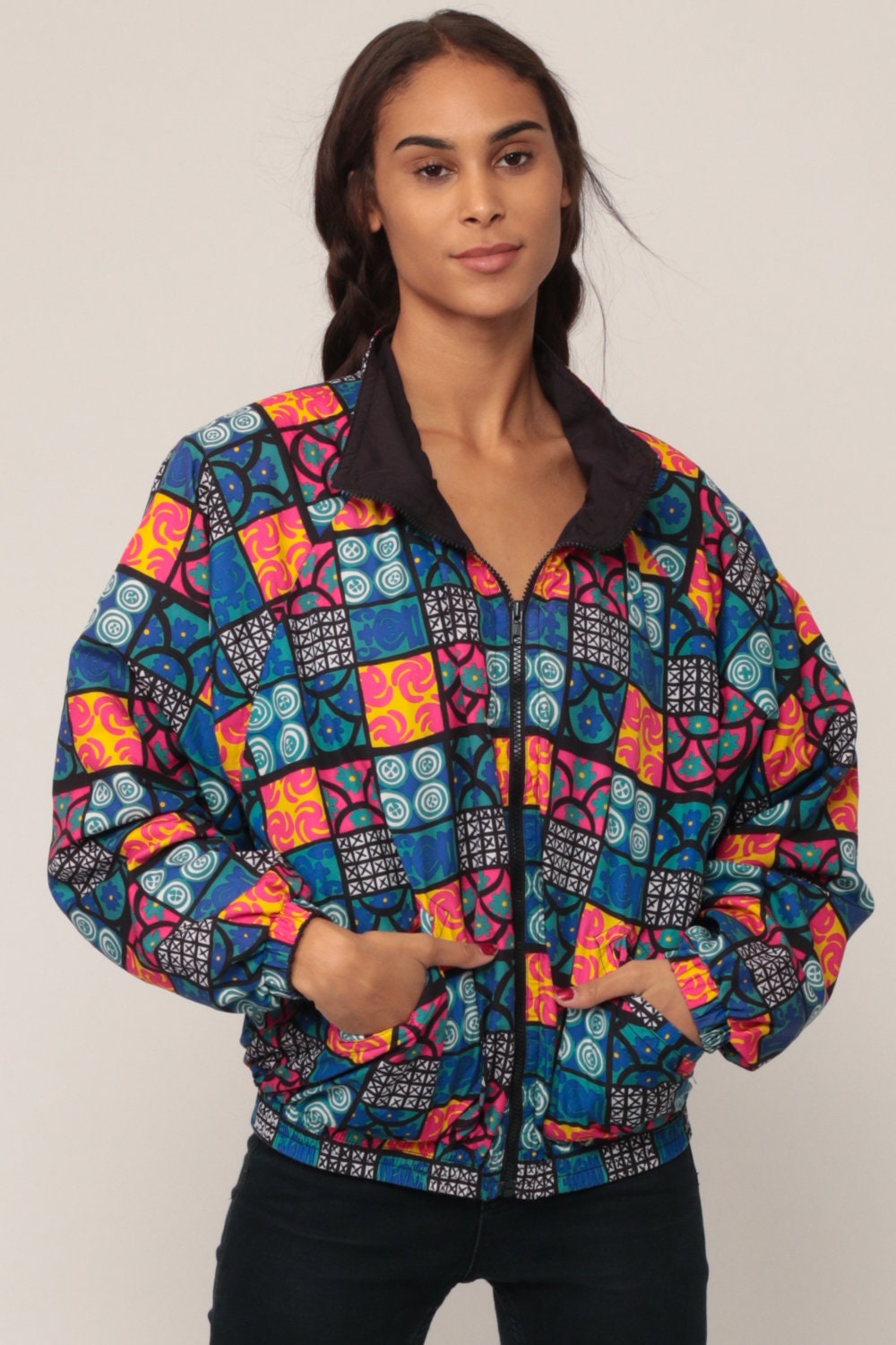 90s Geometric Floral Windbreaker Jacket Blue Pink XXL