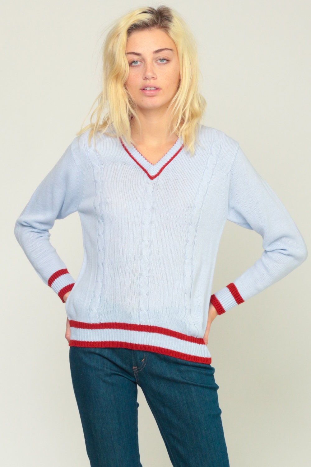 70s Cable Knit V-Neck Sweater Blue Pullover Small