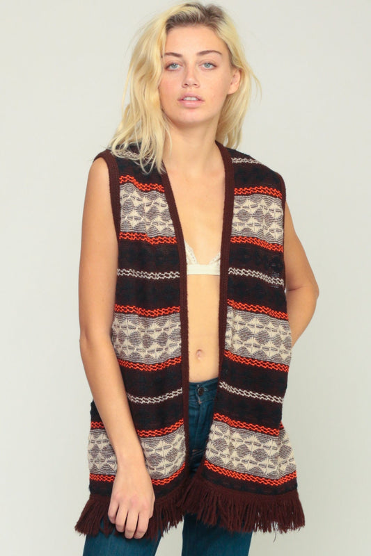 70s Tribal Print Fringe Knit Vest Brown Sleeveless Large