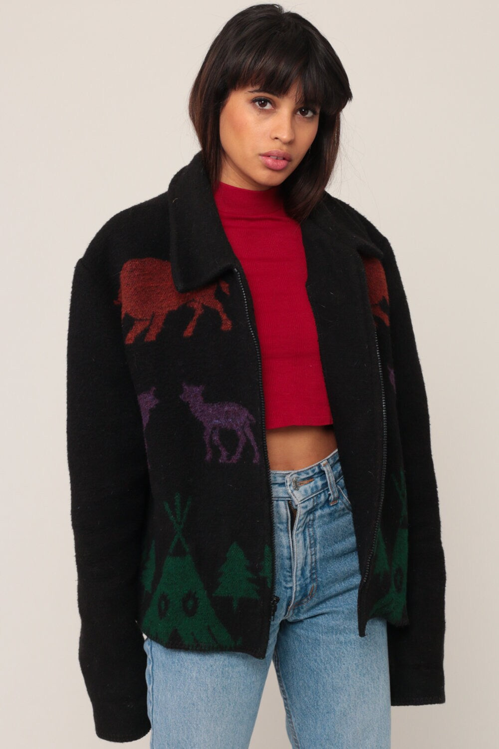 90s Totem Pole Animal Print Wool Jacket Black Extra Large XXL