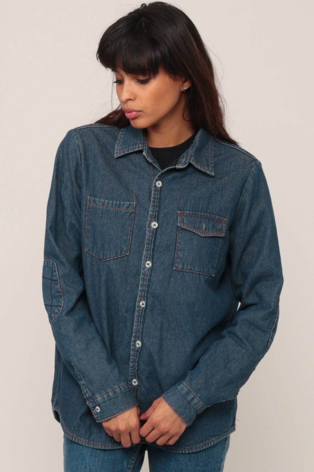 90s Blue Denim Button-Up Shirt Lined Long Sleeve Small Medium