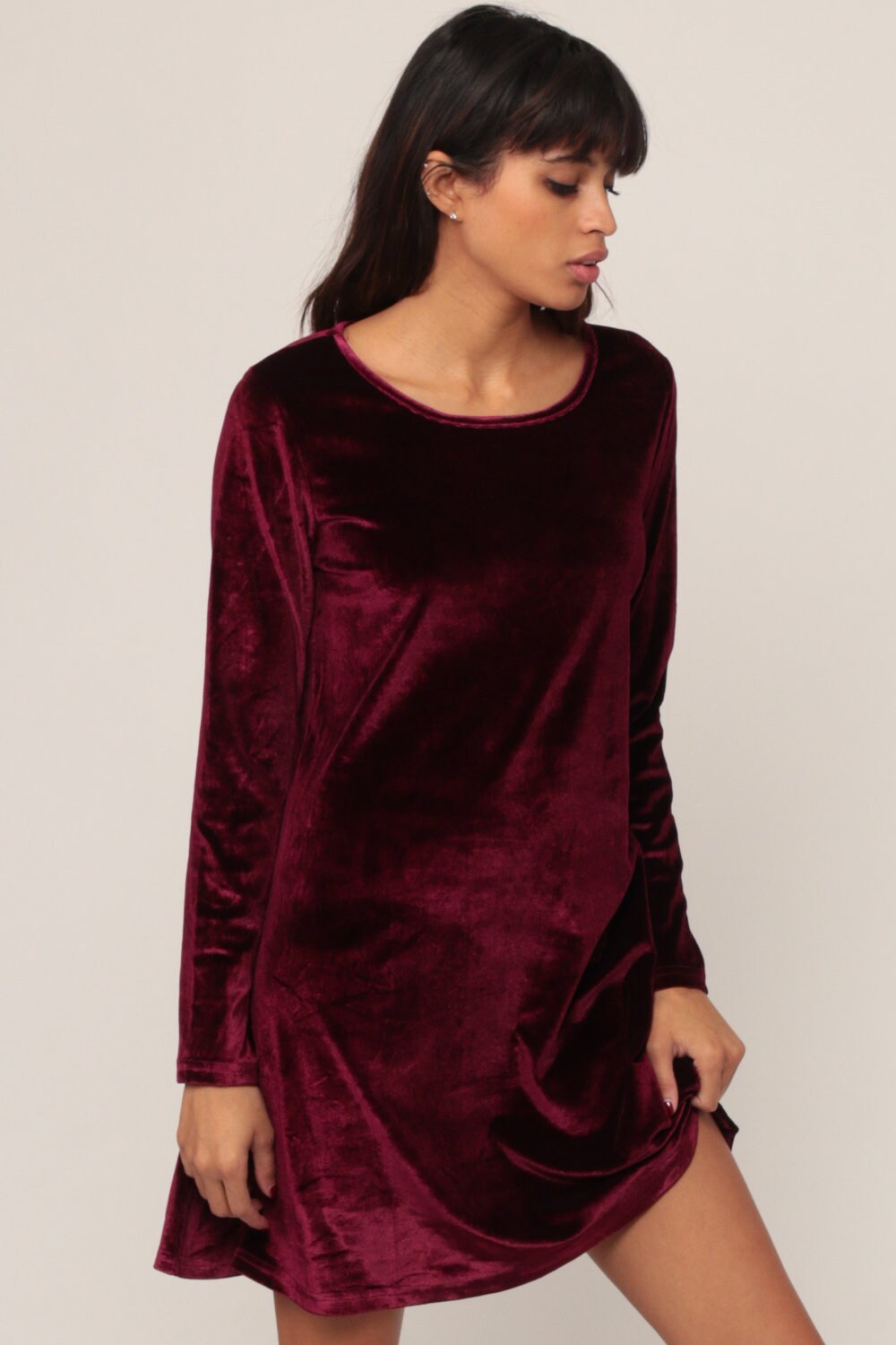 90s Burgundy Velvet Mini Dress Long Sleeve A-Line Small