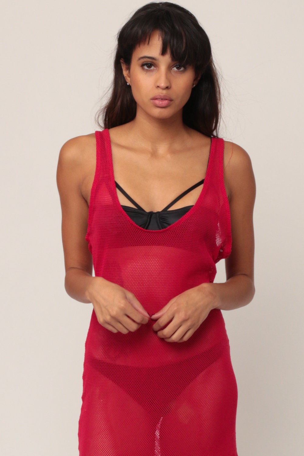 90s Red Mesh Fringe Mini Dress Sheer Low Cut Neckline Medium Large