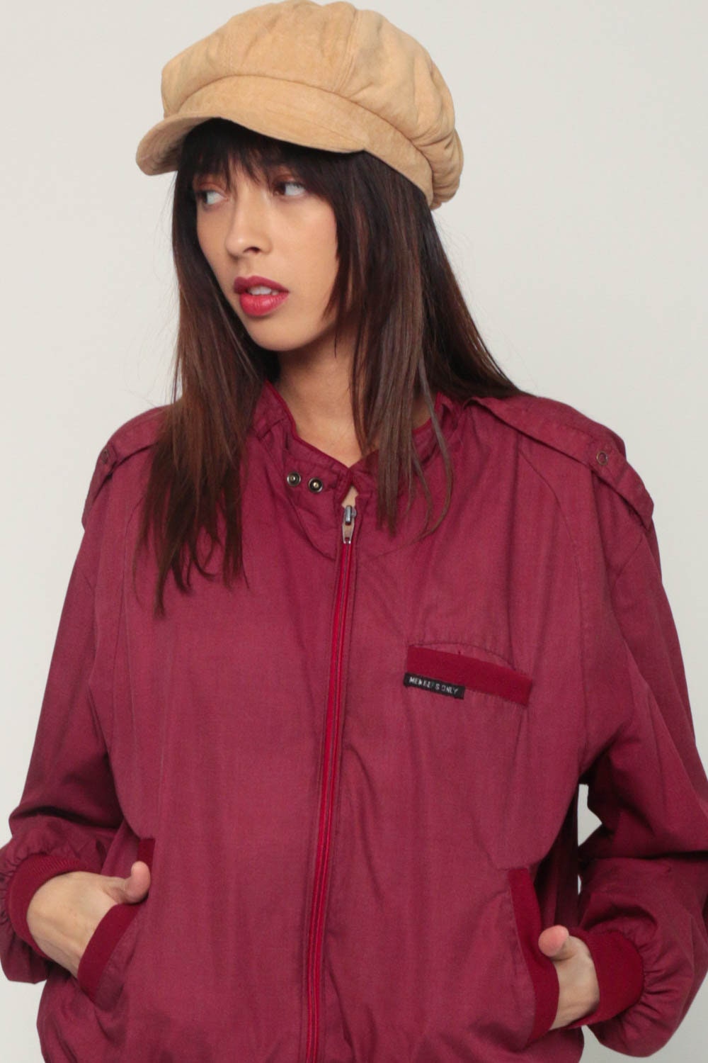 80s Members Only Burgundy Bomber Jacket Epaulette Windbreaker Extra Large