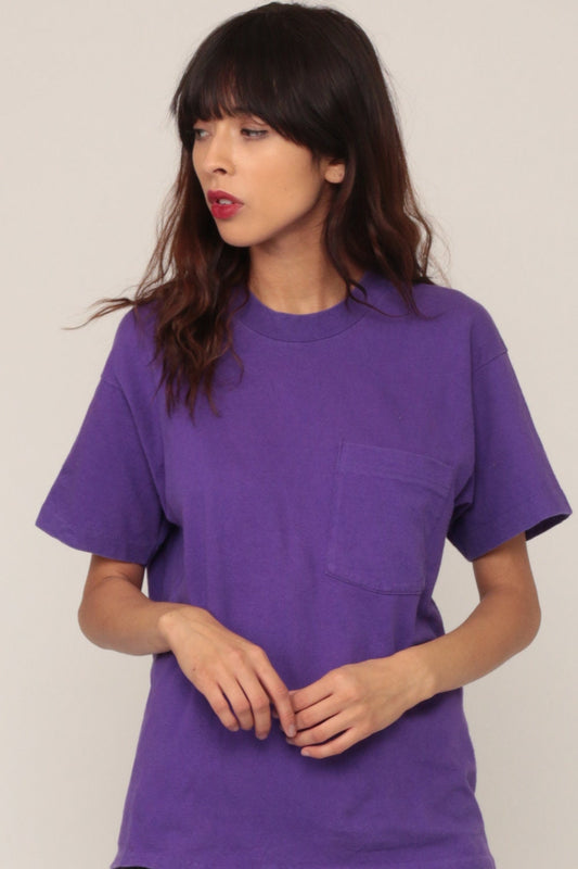 80s Purple Pocket T-Shirt Cotton Crewneck Tee Medium Large