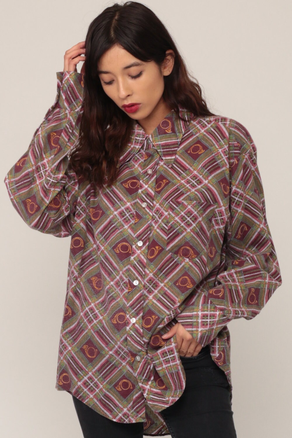 70s Horn Instrument Plaid Button-Up Shirt Long Sleeve Extra Large