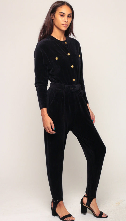 80s Black Velour Jumpsuit Stirrup Tapered Belted Button-Up Small