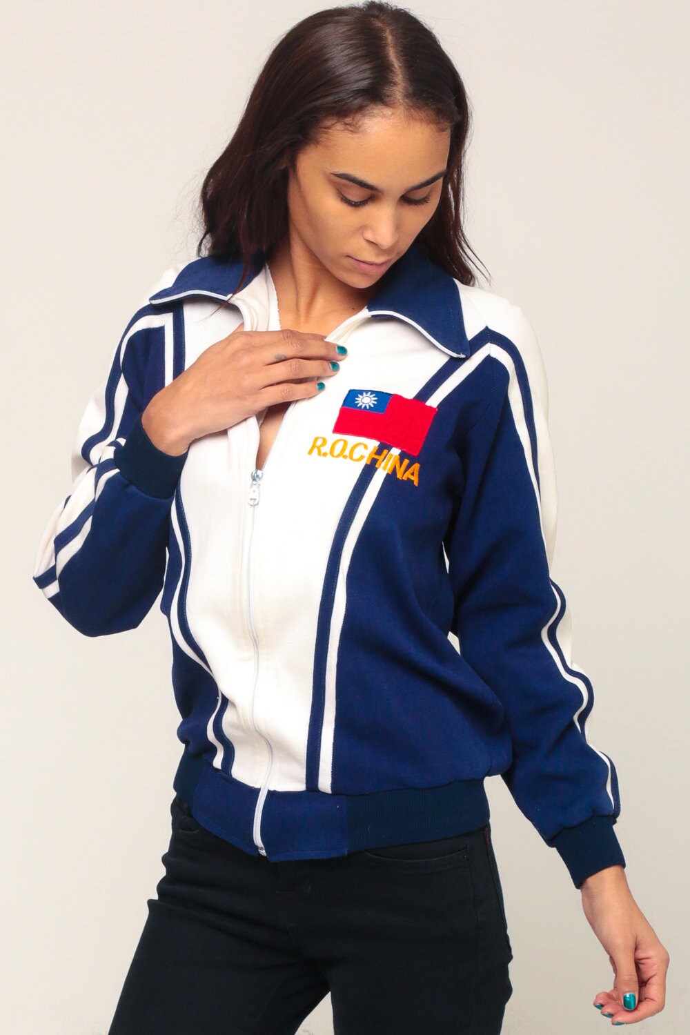 70s ROC China Track Jacket Blue Zip-Up Sweatshirt Small Medium