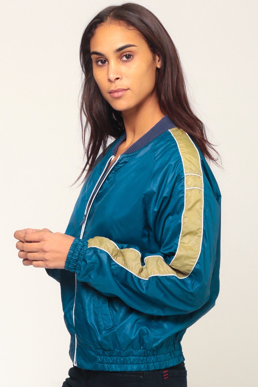 80s Blue Striped Bomber Jacket Nylon Zip-Up Small Medium